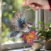 Bird Acrylic Suncatcher, Stained Glass Style Sparrow with Autumn Maple Leaf Window Hanging, Nature Inspired Fall Home Décor Gift